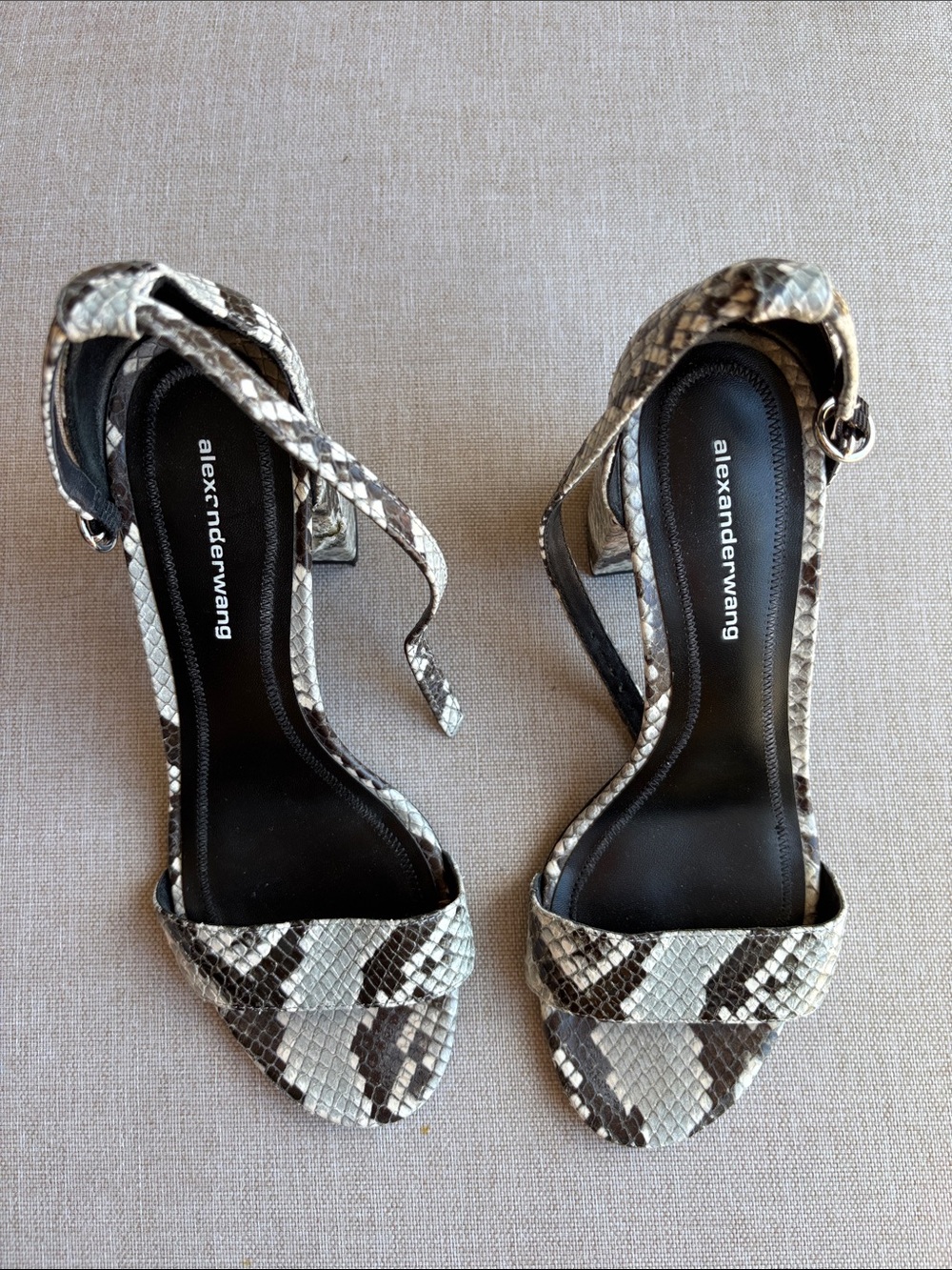 Alexander Wang Black and White Snake-Print Ankle-Strap Sandals
